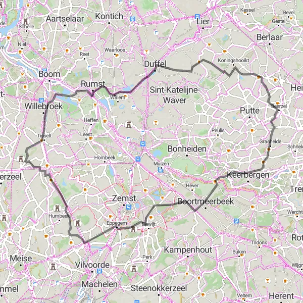 Miniature de la carte de l'inspiration cycliste "Boucle Scénique près de Tisselt" dans la Prov. Vlaams-Brabant, Belgium. Générée par le planificateur d'itinéraire cycliste Tarmacs.app