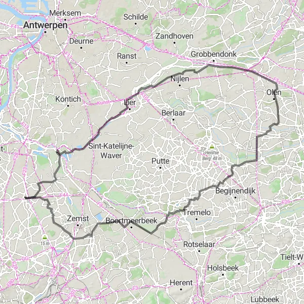 Map miniature of "The Heffen Adventure" cycling inspiration in Prov. Vlaams-Brabant, Belgium. Generated by Tarmacs.app cycling route planner