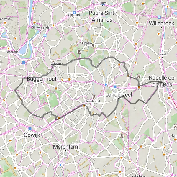 Miniature de la carte de l'inspiration cycliste "Boucle de Peizegem" dans la Prov. Vlaams-Brabant, Belgium. Générée par le planificateur d'itinéraire cycliste Tarmacs.app