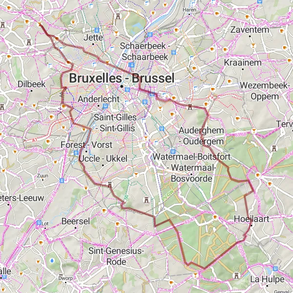 Miniature de la carte de l'inspiration cycliste "Aventure en gravel à travers la campagne" dans la Prov. Vlaams-Brabant, Belgium. Générée par le planificateur d'itinéraire cycliste Tarmacs.app