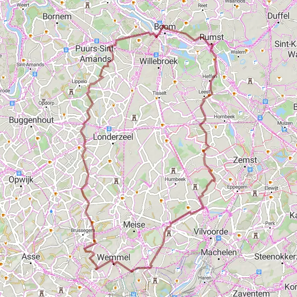 Miniatuurkaart van de fietsinspiratie "Gravelavontuur in de natuur" in Prov. Vlaams-Brabant, Belgium. Gemaakt door de Tarmacs.app fietsrouteplanner