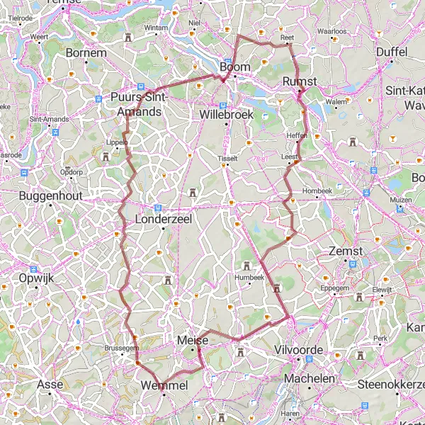 Miniatuurkaart van de fietsinspiratie "Gravelroute vanuit Relegem naar Wemmel en terug" in Prov. Vlaams-Brabant, Belgium. Gemaakt door de Tarmacs.app fietsrouteplanner