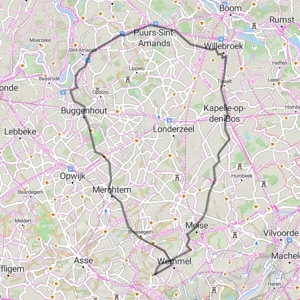 Map miniature of "The Peizegem-Puurs Loop" cycling inspiration in Prov. Vlaams-Brabant, Belgium. Generated by Tarmacs.app cycling route planner