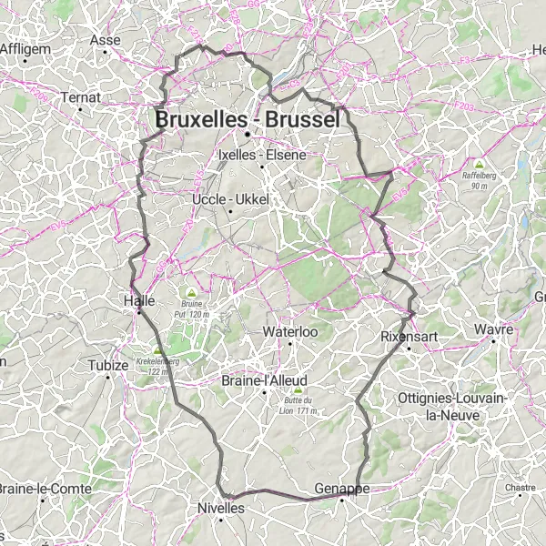 Miniatuurkaart van de fietsinspiratie "Ultieme uitdaging rondom Relegem" in Prov. Vlaams-Brabant, Belgium. Gemaakt door de Tarmacs.app fietsrouteplanner