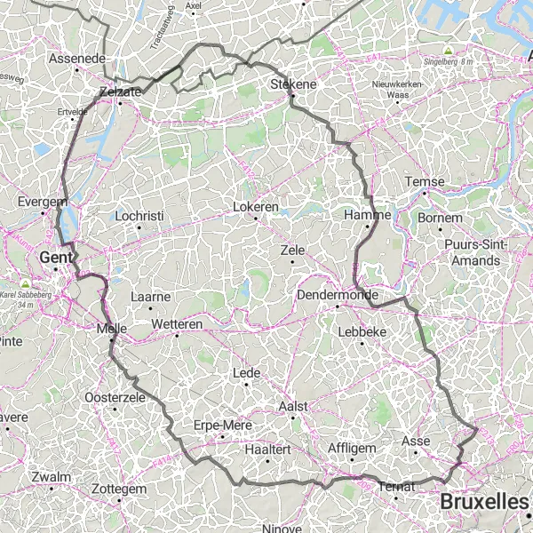 Miniatuurkaart van de fietsinspiratie "Fietsroute vanuit Relegem naar Koewacht en terug" in Prov. Vlaams-Brabant, Belgium. Gemaakt door de Tarmacs.app fietsrouteplanner