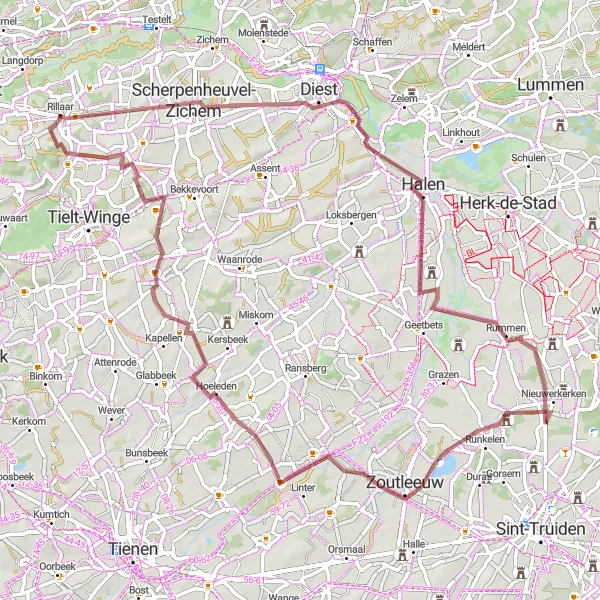 Miniatuurkaart van de fietsinspiratie "Graveltocht naar Molenbeek-Wersbeek en Zelk" in Prov. Vlaams-Brabant, Belgium. Gemaakt door de Tarmacs.app fietsrouteplanner