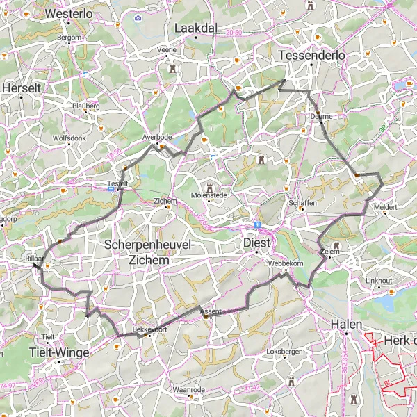 Miniature de la carte de l'inspiration cycliste "La Route de Testelt" dans la Prov. Vlaams-Brabant, Belgium. Générée par le planificateur d'itinéraire cycliste Tarmacs.app