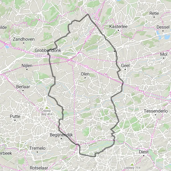 Map miniature of "Road Loop - Booischot, Grobbendonk, Tielen, Zammel, and Testelt" cycling inspiration in Prov. Vlaams-Brabant, Belgium. Generated by Tarmacs.app cycling route planner