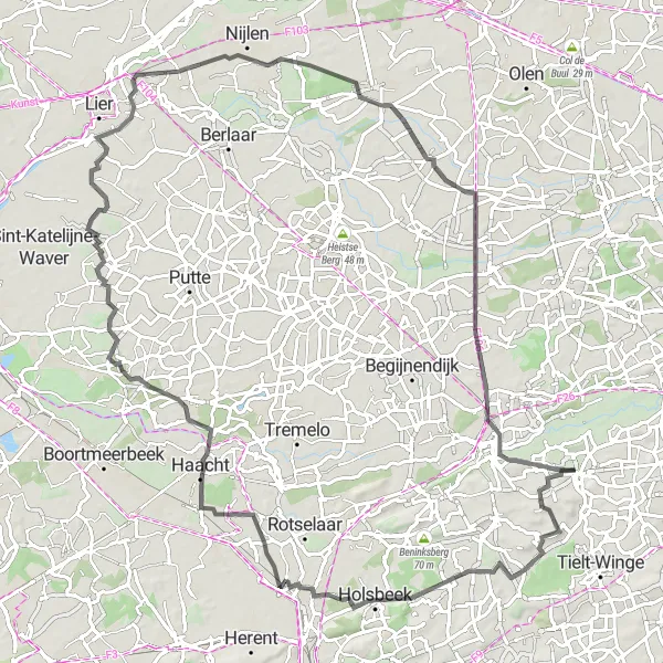 Map miniature of "Road Loop - Orientatietafel, Dutsel, Wijgmaal, Harent, Kessel, Wiekevorst, and Witte Molen" cycling inspiration in Prov. Vlaams-Brabant, Belgium. Generated by Tarmacs.app cycling route planner