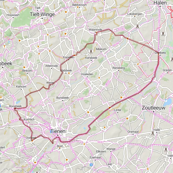 Miniatuurkaart van de fietsinspiratie "Rustige gravelroute door Kapellen en Kumtich" in Prov. Vlaams-Brabant, Belgium. Gemaakt door de Tarmacs.app fietsrouteplanner