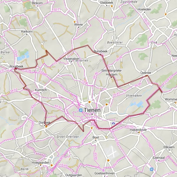 Map miniature of "Oplinter Gravel Trail" cycling inspiration in Prov. Vlaams-Brabant, Belgium. Generated by Tarmacs.app cycling route planner