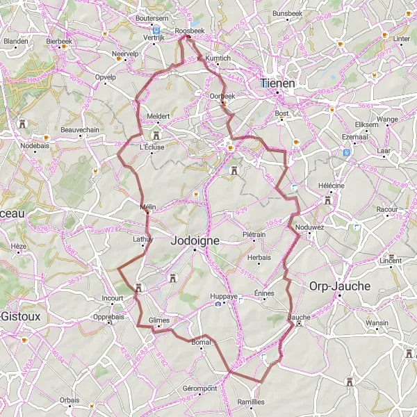 Miniatuurkaart van de fietsinspiratie "Gravelroute: Roosbeek - Oorbeek - Mélin" in Prov. Vlaams-Brabant, Belgium. Gemaakt door de Tarmacs.app fietsrouteplanner