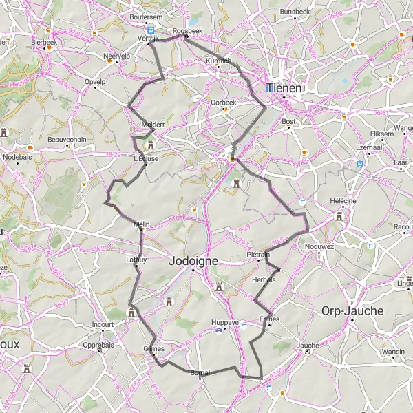 Map miniature of "Road Adventure with Scenic Views" cycling inspiration in Prov. Vlaams-Brabant, Belgium. Generated by Tarmacs.app cycling route planner