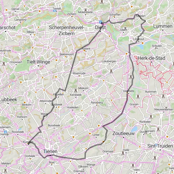 Map miniature of "Kumtich Adventure" cycling inspiration in Prov. Vlaams-Brabant, Belgium. Generated by Tarmacs.app cycling route planner