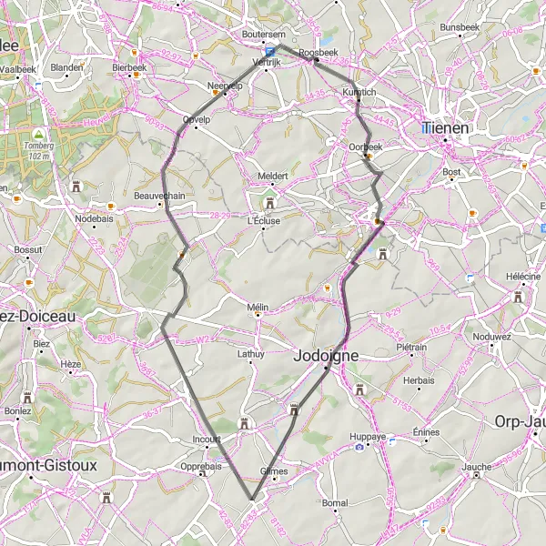 Karten-Miniaturansicht der Radinspiration "Kultur und Natur um Roosbeek" in Prov. Vlaams-Brabant, Belgium. Erstellt vom Tarmacs.app-Routenplaner für Radtouren