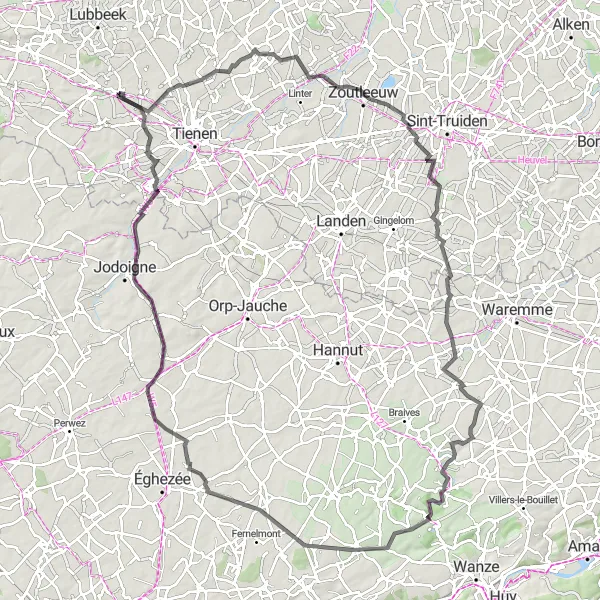 Miniatuurkaart van de fietsinspiratie "Uitdagende route langs Zoutleeuw en Vieux-Waleffe" in Prov. Vlaams-Brabant, Belgium. Gemaakt door de Tarmacs.app fietsrouteplanner