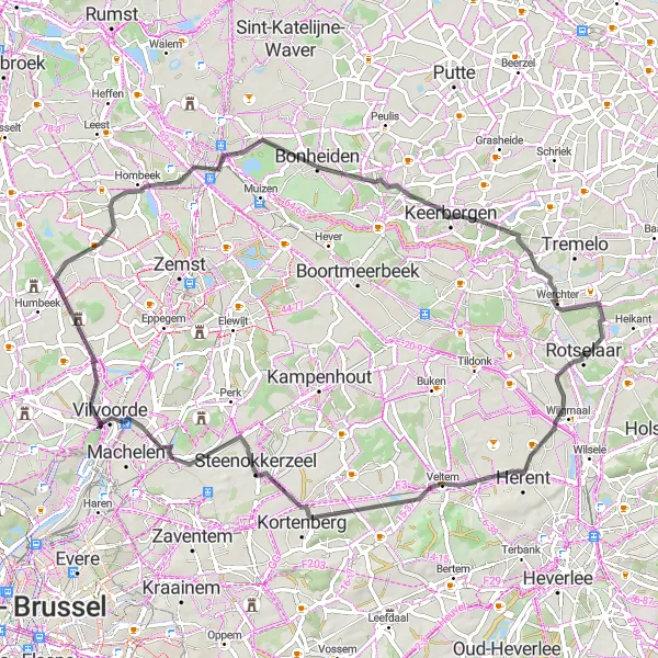 Karten-Miniaturansicht der Radinspiration "Herausfordernde Radtour nach Keerbergen" in Prov. Vlaams-Brabant, Belgium. Erstellt vom Tarmacs.app-Routenplaner für Radtouren
