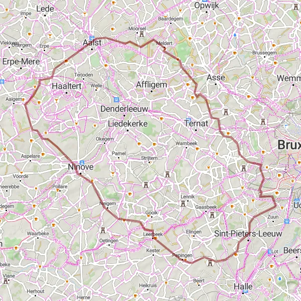 Miniature de la carte de l'inspiration cycliste "Parcours Gravel à partir de Ruisbroek" dans la Prov. Vlaams-Brabant, Belgium. Générée par le planificateur d'itinéraire cycliste Tarmacs.app