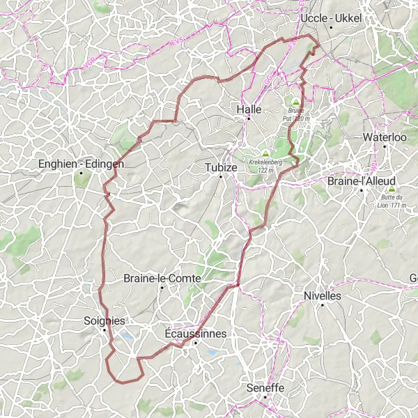 Miniatuurkaart van de fietsinspiratie "Grindpaden van Ruisbroek naar Sint-Pieters-Leeuw" in Prov. Vlaams-Brabant, Belgium. Gemaakt door de Tarmacs.app fietsrouteplanner