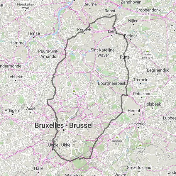 Miniatuurkaart van de fietsinspiratie "Anderlecht - Hoeilaart weg" in Prov. Vlaams-Brabant, Belgium. Gemaakt door de Tarmacs.app fietsrouteplanner