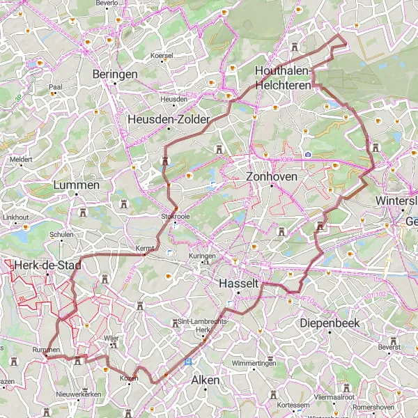 Map miniature of "Rummen - Bolderberg Gravel Adventure" cycling inspiration in Prov. Vlaams-Brabant, Belgium. Generated by Tarmacs.app cycling route planner