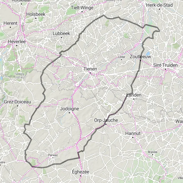 Miniatuurkaart van de fietsinspiratie "Fietsroute via Grazen en Kortenaken" in Prov. Vlaams-Brabant, Belgium. Gemaakt door de Tarmacs.app fietsrouteplanner