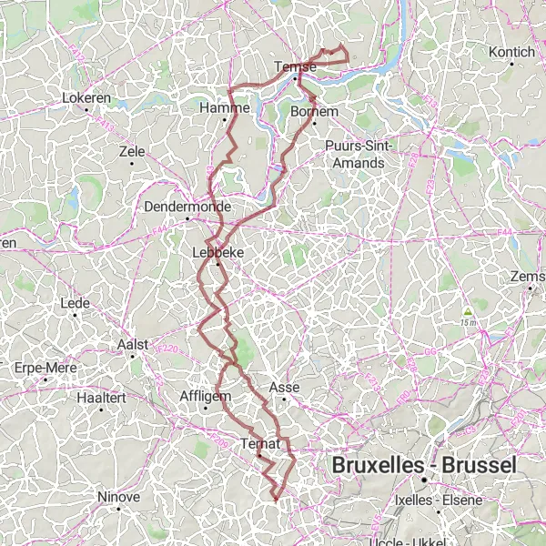 Miniatuurkaart van de fietsinspiratie "Gravelroute Schepdaal - Kasteel van Moorsel - Kruikenburg" in Prov. Vlaams-Brabant, Belgium. Gemaakt door de Tarmacs.app fietsrouteplanner