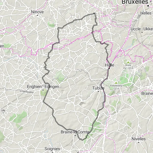 Map miniature of "Halle to Onze-Lieve-Vrouw-Lombeek" cycling inspiration in Prov. Vlaams-Brabant, Belgium. Generated by Tarmacs.app cycling route planner