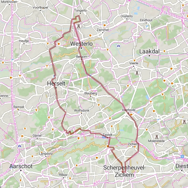 Miniatuurkaart van de fietsinspiratie "Gravelroute rond Scherpenheuvel" in Prov. Vlaams-Brabant, Belgium. Gemaakt door de Tarmacs.app fietsrouteplanner