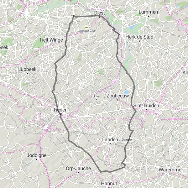 Map miniature of "Kaggevinne and Gingelom Road Cycling Route" cycling inspiration in Prov. Vlaams-Brabant, Belgium. Generated by Tarmacs.app cycling route planner