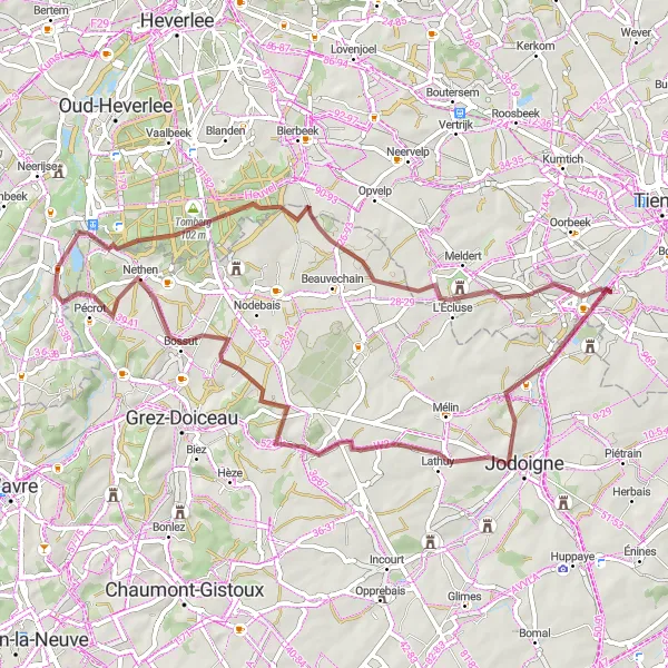 Miniatuurkaart van de fietsinspiratie "Historische gravelrit naar Piétrebais" in Prov. Vlaams-Brabant, Belgium. Gemaakt door de Tarmacs.app fietsrouteplanner