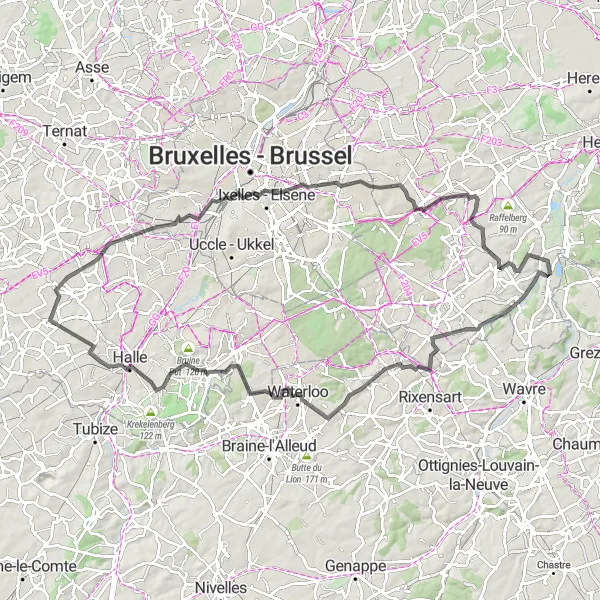 Map miniature of "The Road Cycling Challenge from Sint-Agatha-Rode" cycling inspiration in Prov. Vlaams-Brabant, Belgium. Generated by Tarmacs.app cycling route planner