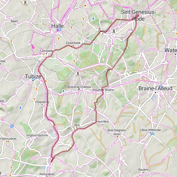 Map miniature of "Splendors of Wauthier-Braine and Alsemberg: A Gravel Cycling Odyssey" cycling inspiration in Prov. Vlaams-Brabant, Belgium. Generated by Tarmacs.app cycling route planner