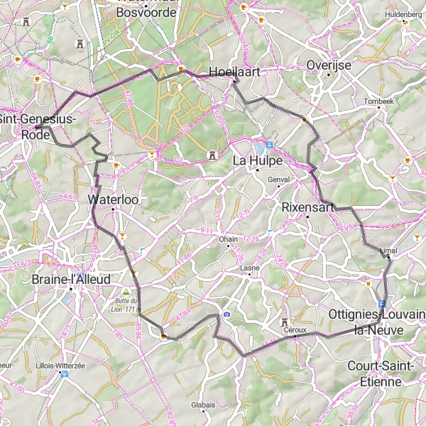 Miniatuurkaart van de fietsinspiratie "Verkenningstocht langs Hoeilaart en Maransart" in Prov. Vlaams-Brabant, Belgium. Gemaakt door de Tarmacs.app fietsrouteplanner