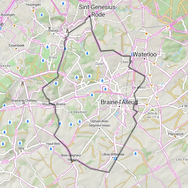 Map miniature of "Bois-Seigneur-Isaac and Rilroheide Loop" cycling inspiration in Prov. Vlaams-Brabant, Belgium. Generated by Tarmacs.app cycling route planner