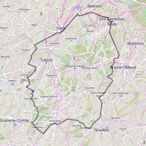 Map miniature of "Ophain-Bois-Seigneur-Isaac and Brussels Skyline View" cycling inspiration in Prov. Vlaams-Brabant, Belgium. Generated by Tarmacs.app cycling route planner