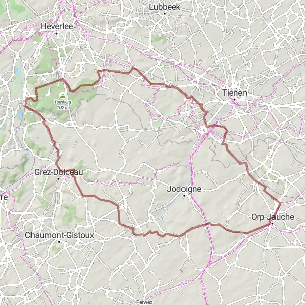 Miniatuurkaart van de fietsinspiratie "Uitdagende graveltocht naar het Panorama van Bierbeek en Incourt" in Prov. Vlaams-Brabant, Belgium. Gemaakt door de Tarmacs.app fietsrouteplanner