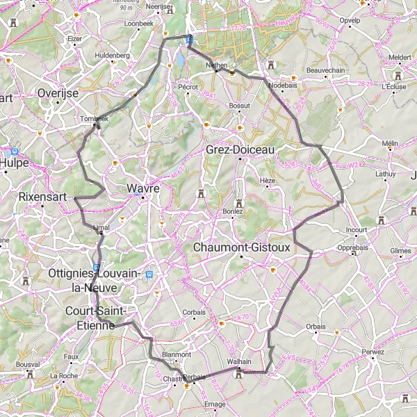 Miniature de la carte de l'inspiration cycliste "Les collines de Perbais" dans la Prov. Vlaams-Brabant, Belgium. Générée par le planificateur d'itinéraire cycliste Tarmacs.app