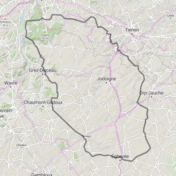 Map miniature of "Around Sint-Joris-Weert" cycling inspiration in Prov. Vlaams-Brabant, Belgium. Generated by Tarmacs.app cycling route planner