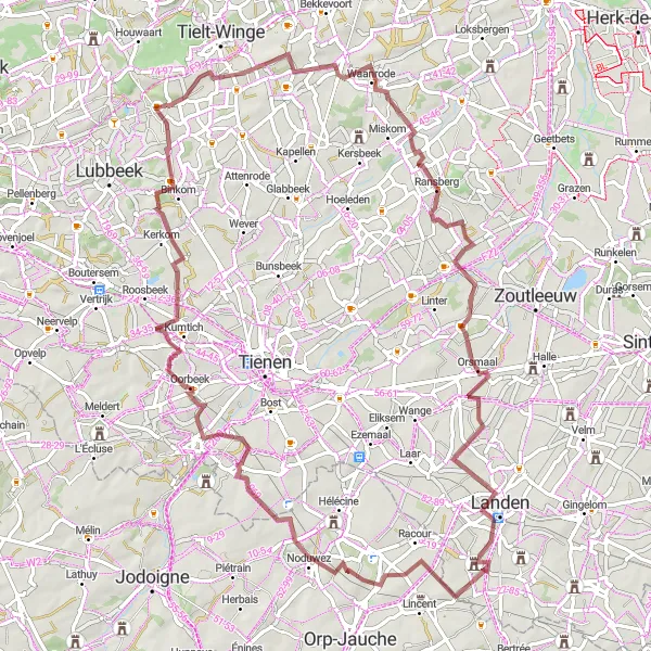 Miniatuurkaart van de fietsinspiratie "Gravel Avontuur rond Sint-Joris-Winge" in Prov. Vlaams-Brabant, Belgium. Gemaakt door de Tarmacs.app fietsrouteplanner