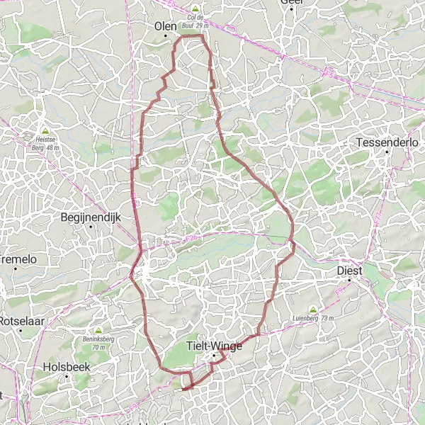 Map miniature of "Sint-Joris-Winge - Kouterberg - Witte Molen - Oosterwijk - Bergom - Vlooybergtoren" cycling inspiration in Prov. Vlaams-Brabant, Belgium. Generated by Tarmacs.app cycling route planner