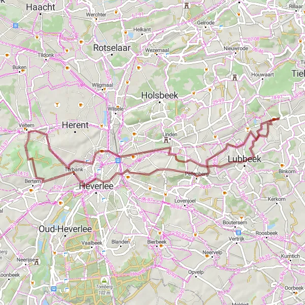 Map miniature of "Sint-Joris-Winge - Lubbeek - Verzonken tuin - Winksele - Zwanenberg - Terbank - Pellenberg" cycling inspiration in Prov. Vlaams-Brabant, Belgium. Generated by Tarmacs.app cycling route planner