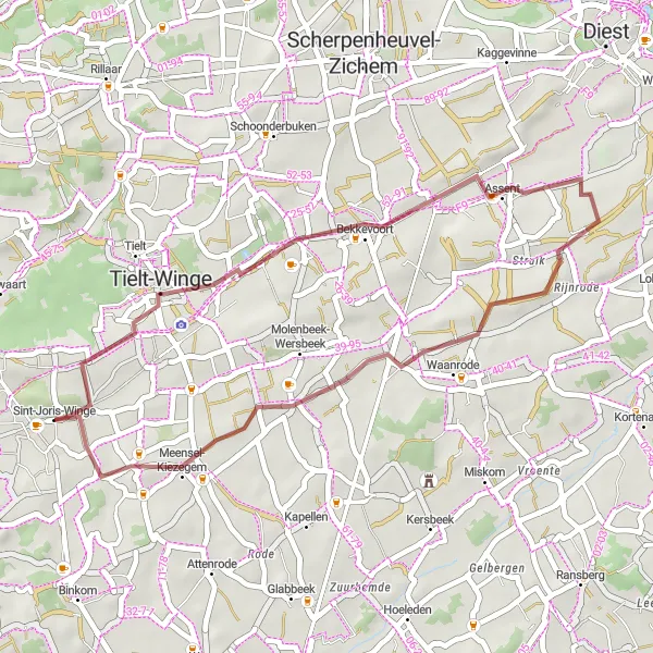 Map miniature of "Sint-Joris-Winge - Luienberg - Assent - Kiezegem" cycling inspiration in Prov. Vlaams-Brabant, Belgium. Generated by Tarmacs.app cycling route planner