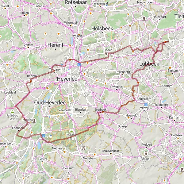 Miniature de la carte de l'inspiration cycliste "Aventure Gravel à travers le Hageland" dans la Prov. Vlaams-Brabant, Belgium. Générée par le planificateur d'itinéraire cycliste Tarmacs.app