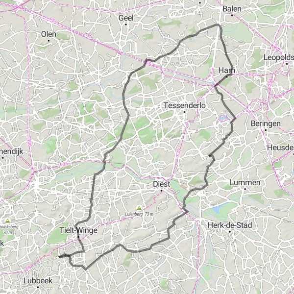 Map miniature of "Sint-Joris-Winge - Messelbroek - Meerhout - Olmen - Venusberg - Zelk - Kiezegem" cycling inspiration in Prov. Vlaams-Brabant, Belgium. Generated by Tarmacs.app cycling route planner