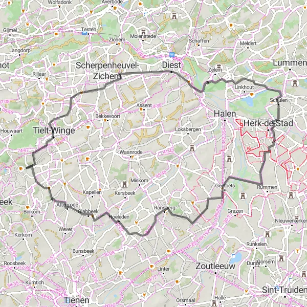 Map miniature of "Tielt-Winge and Ransberg Loop" cycling inspiration in Prov. Vlaams-Brabant, Belgium. Generated by Tarmacs.app cycling route planner