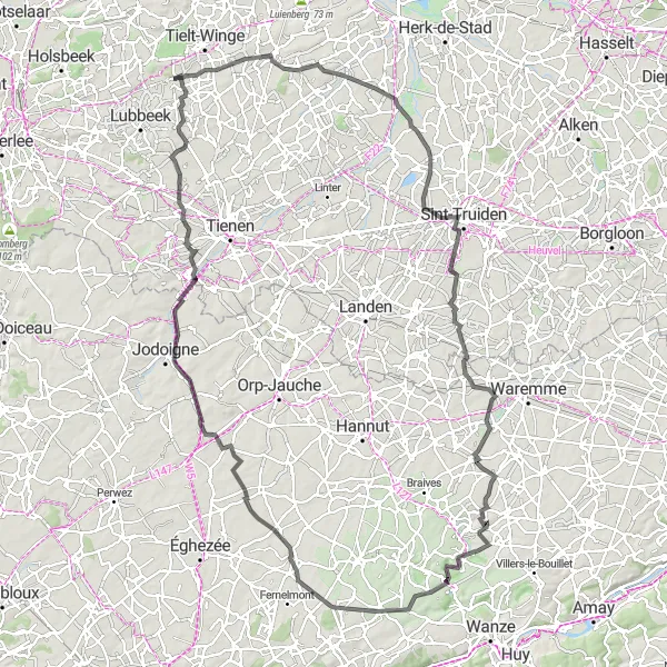 Map miniature of "Winge and Huccorgne Loop" cycling inspiration in Prov. Vlaams-Brabant, Belgium. Generated by Tarmacs.app cycling route planner