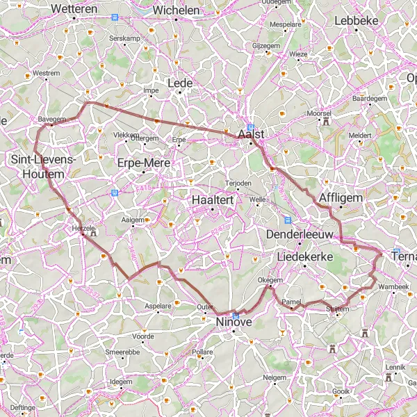 Map miniature of "Woubrechtegem Gravel Cycling Route" cycling inspiration in Prov. Vlaams-Brabant, Belgium. Generated by Tarmacs.app cycling route planner