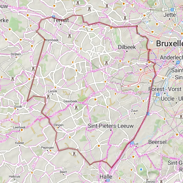 Karten-Miniaturansicht der Radinspiration "Tour de Gravel um Sint-Katherina-Lombeek" in Prov. Vlaams-Brabant, Belgium. Erstellt vom Tarmacs.app-Routenplaner für Radtouren