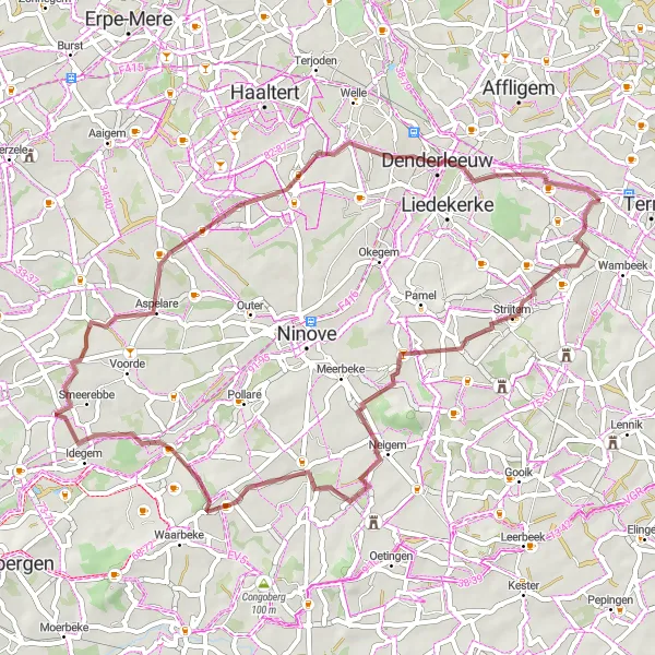 Miniature de la carte de l'inspiration cycliste "Parcours gravel à travers la campagne flamande" dans la Prov. Vlaams-Brabant, Belgium. Générée par le planificateur d'itinéraire cycliste Tarmacs.app